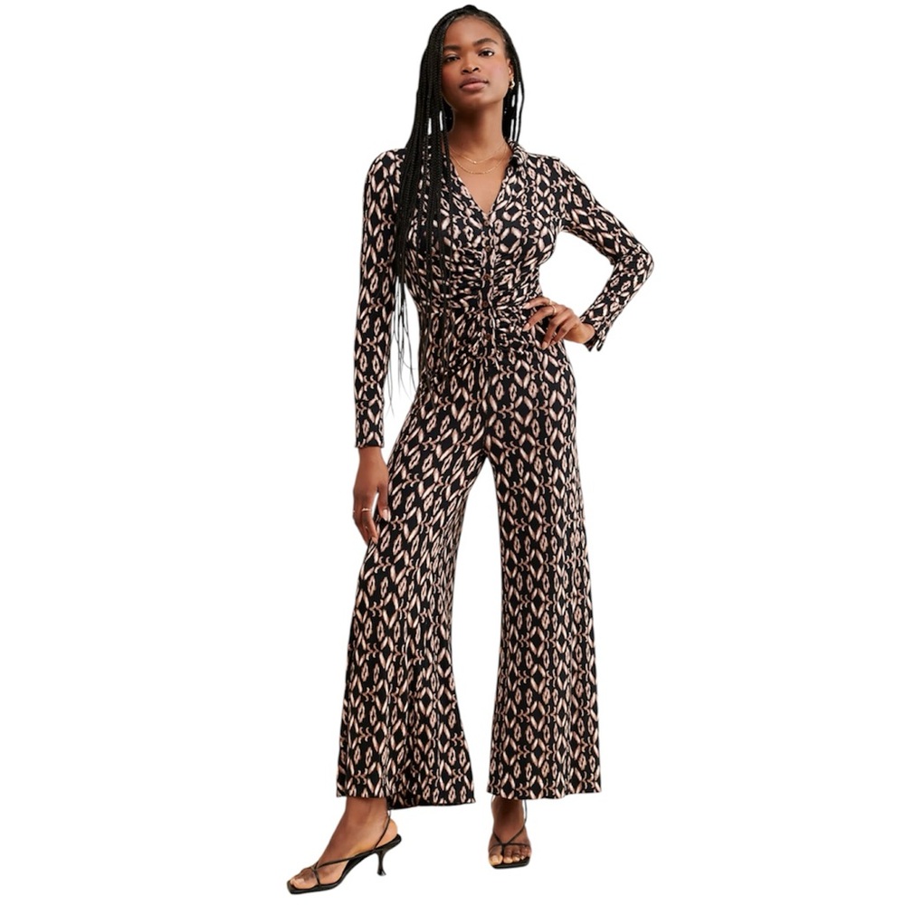 Free People Shayla Wide Leg Jumpsuit Long Sleeve Black and Cream Pattern | Small